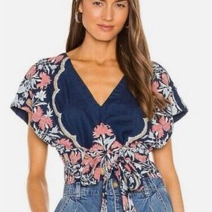 Free People Navy Floral Tie-Front V-Neck Top
